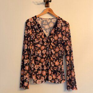 Bohemlea Boho Vintage Black Floral V-neck Sheer Blouse